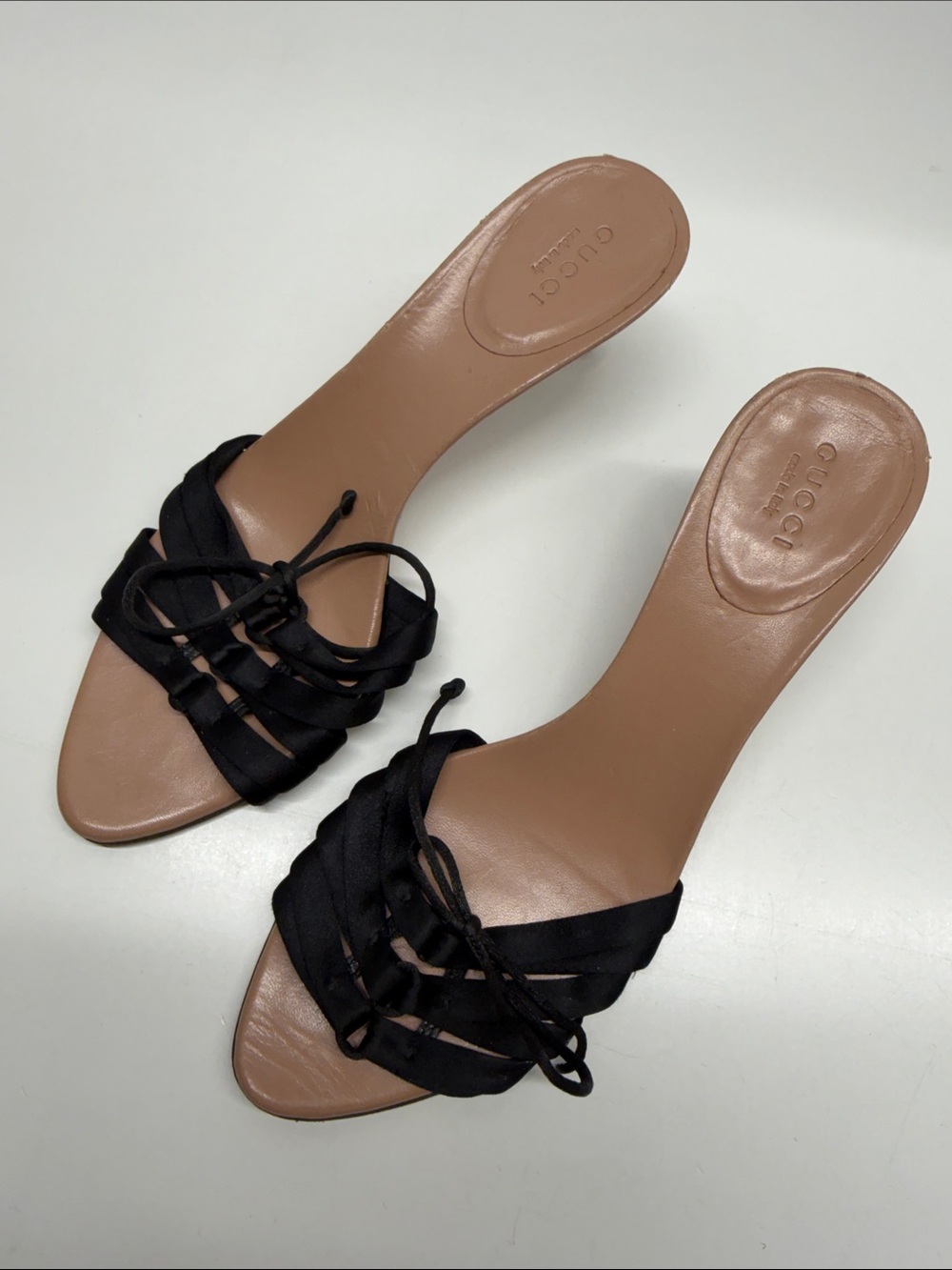 Gucci Kitten Heel Pumps Open Toe Satin Lace Bow High Heel Shoes Black Size 7.5 - Picture 2 of 12